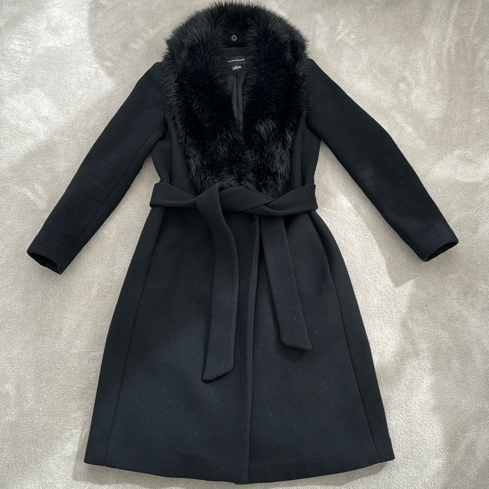 Club Monaco women's black wool coat with detachable faux fur collar, size S